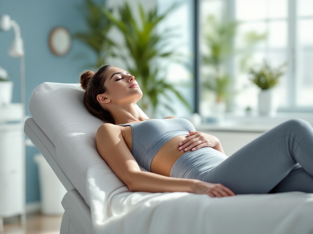 A relaxed adult in athletic wear resting comfortably on a clean clinic treatment bed in daylight