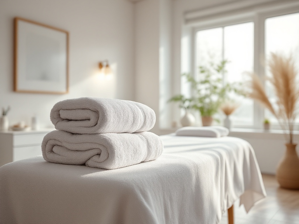 A calm, sunlit aesthetic clinic treatment room with neatly folded white towels