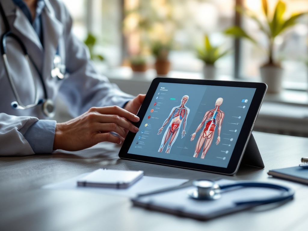 A doctor's consultation desk with a tablet, stethoscope, and notepad in soft window light