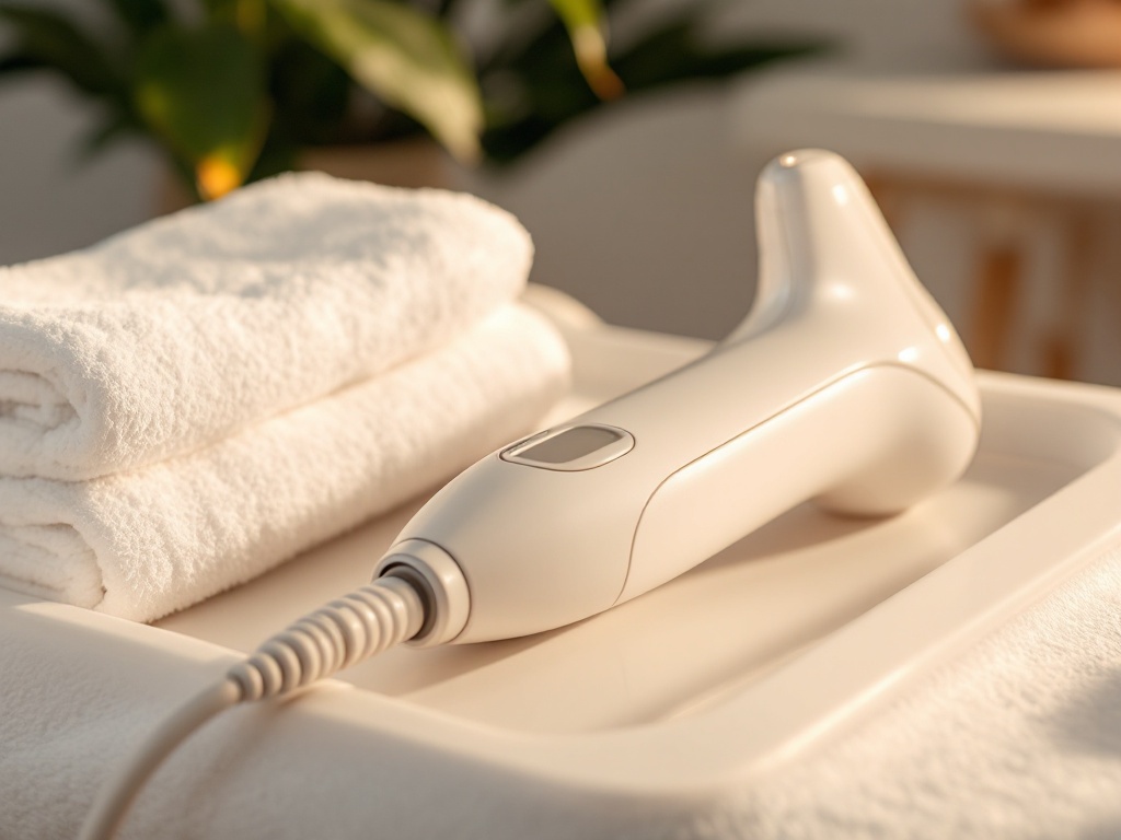 A handheld radiofrequency skin-tightening device on a clean clinic tray beside white towels