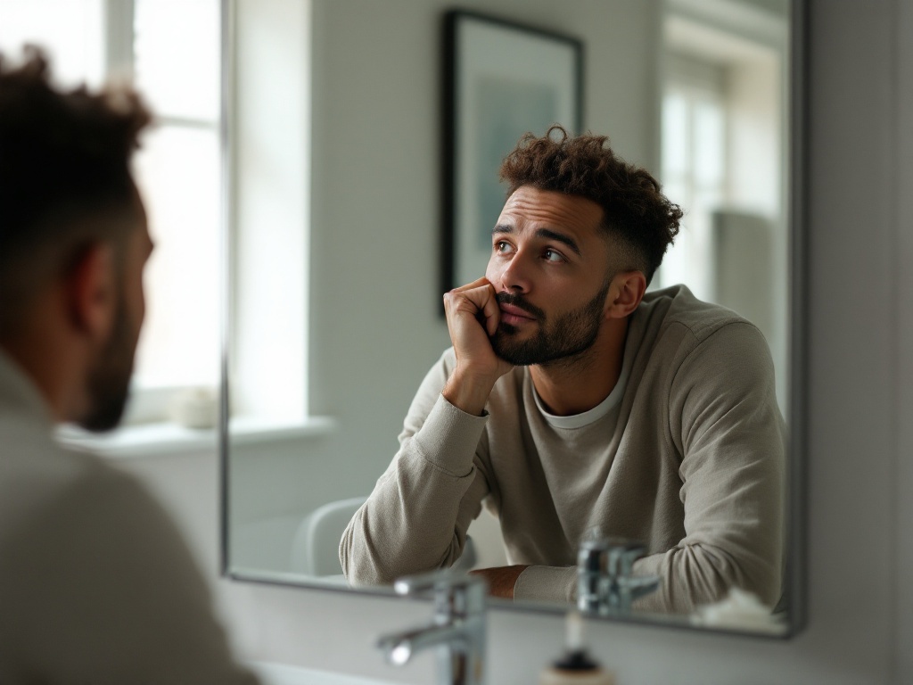 A thoughtful adult looking calmly at their reflection in a bright bathroom mirror