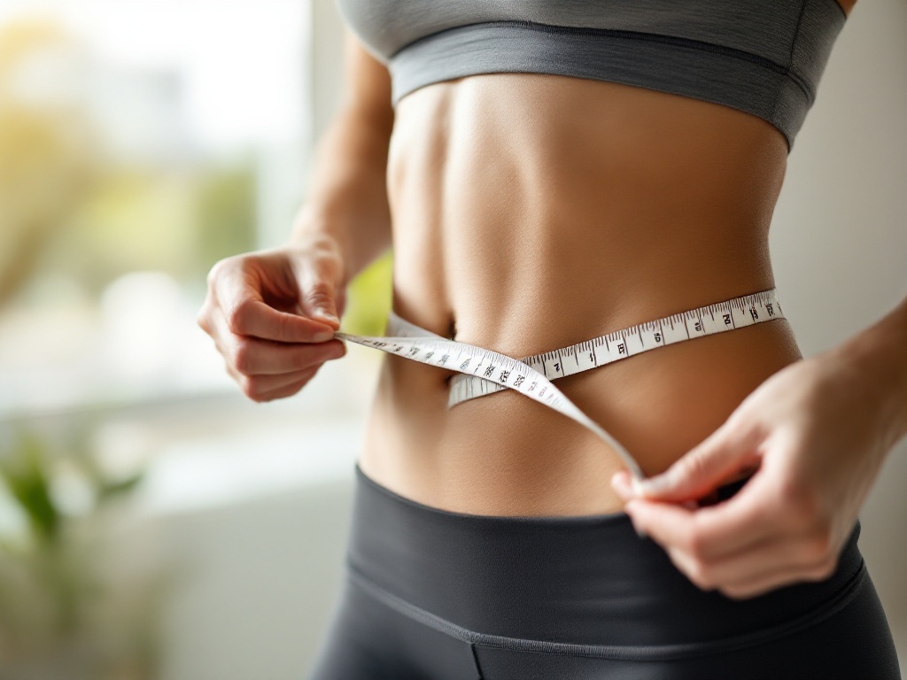 A fit adult in athletic wear measuring their waist with a soft tape measure in daylight